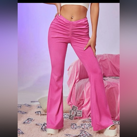 Pink Drawstring Ruched Flare Leg Pants - Picture 1 of 7